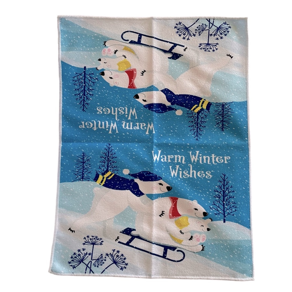 Kitchen Towel Bar Cloth Holiday Seasonal Sledding Polar Bears 15.25" x 20.5"